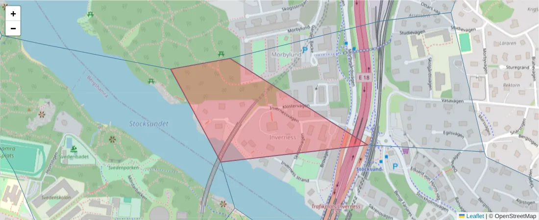 Karta över postnummerområdet  och angränsande postnummer i Sverige