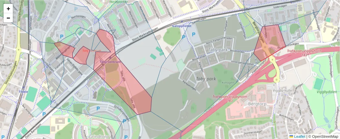 Karta över postnummerområdet  och angränsande postnummer i Sverige