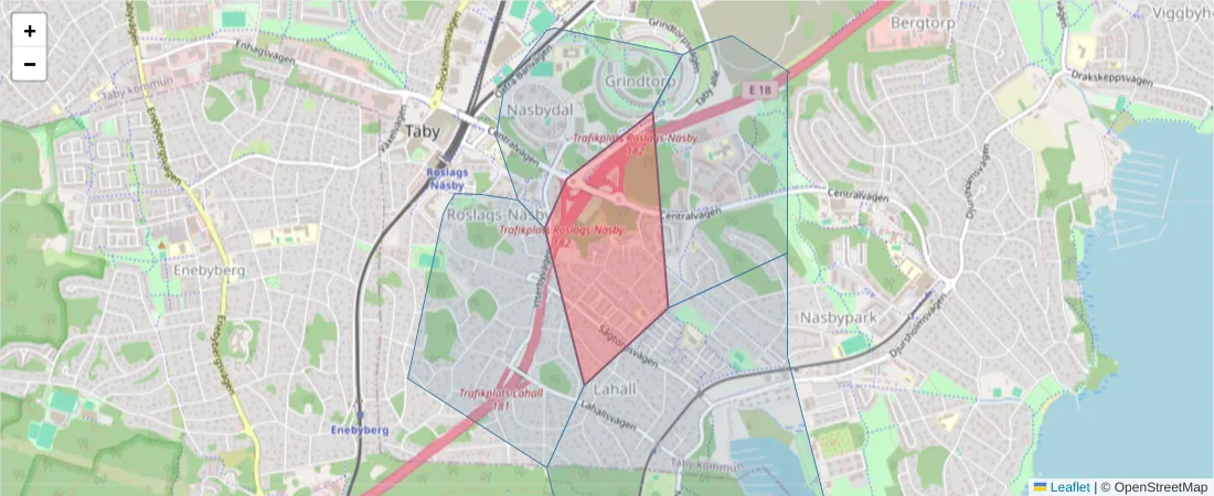 Karta över postnummerområdet  och angränsande postnummer i Sverige