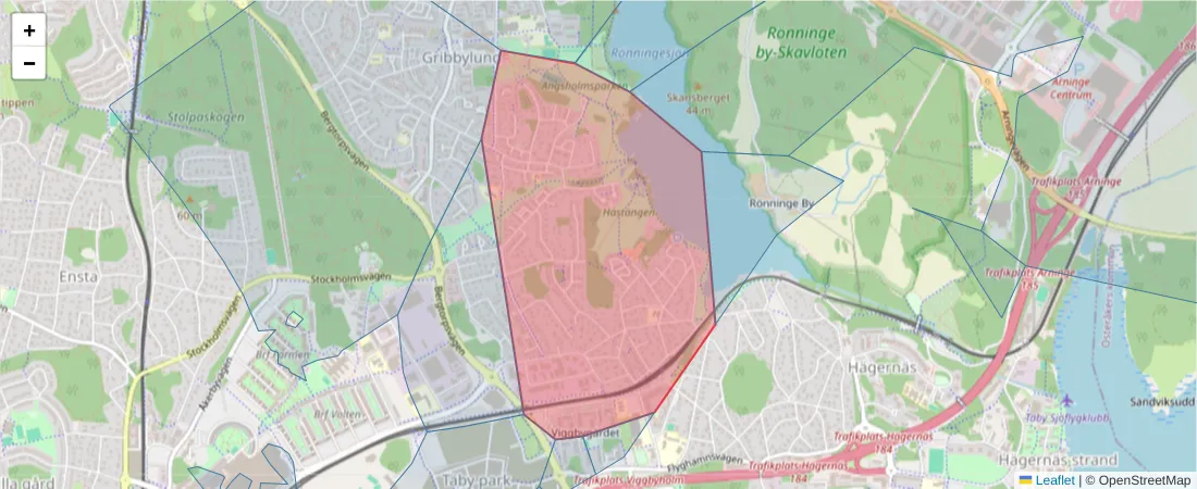 Karta över postnummerområdet  och angränsande postnummer i Sverige