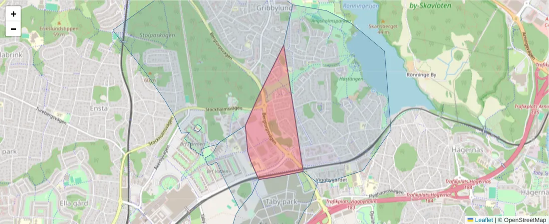 Karta över postnummerområdet  och angränsande postnummer i Sverige