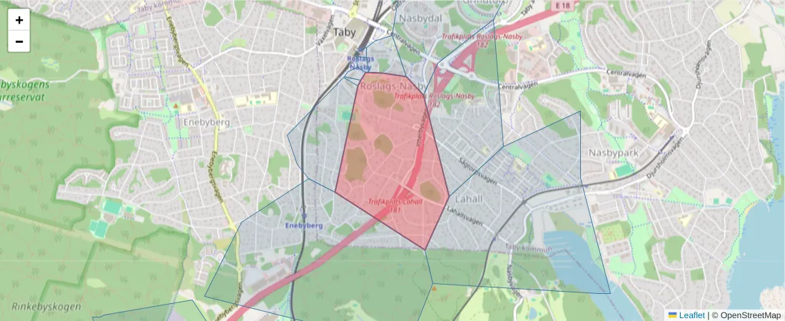 Karta över postnummerområdet  och angränsande postnummer i Sverige