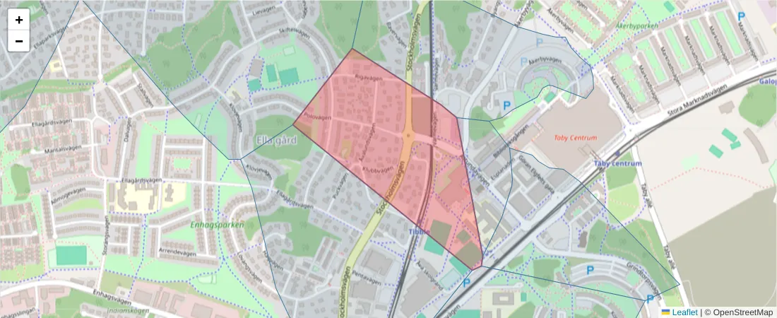 Karta över postnummerområdet  och angränsande postnummer i Sverige