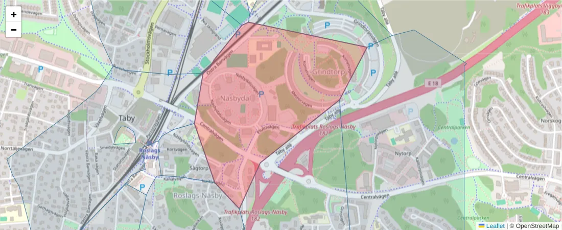 Karta över postnummerområdet  och angränsande postnummer i Sverige