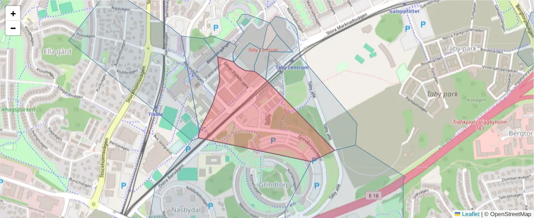 Karta över postnummerområdet  och angränsande postnummer i Sverige
