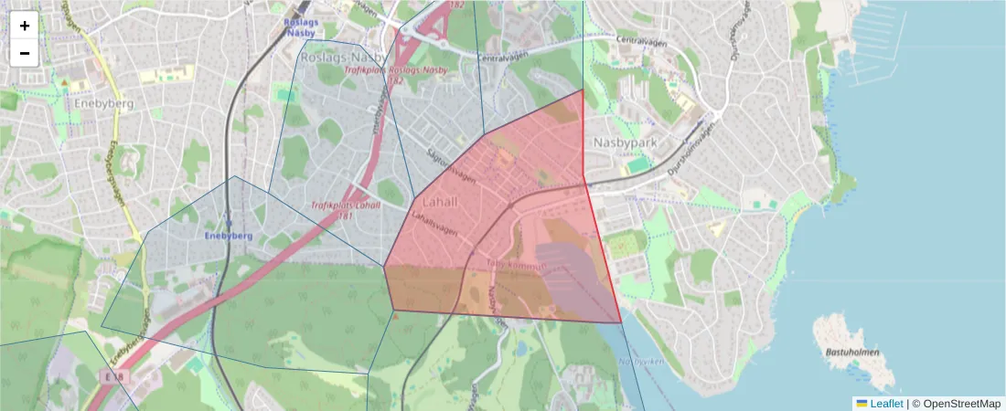 Karta över postnummerområdet  och angränsande postnummer i Sverige