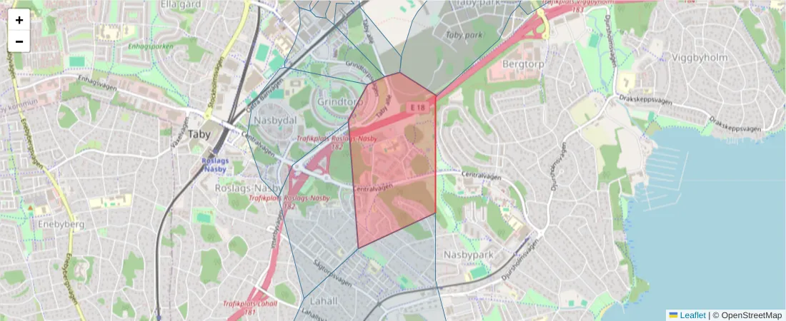 Karta över postnummerområdet  och angränsande postnummer i Sverige