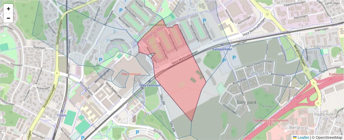 Karta över postnummerområdet  och angränsande postnummer i Sverige