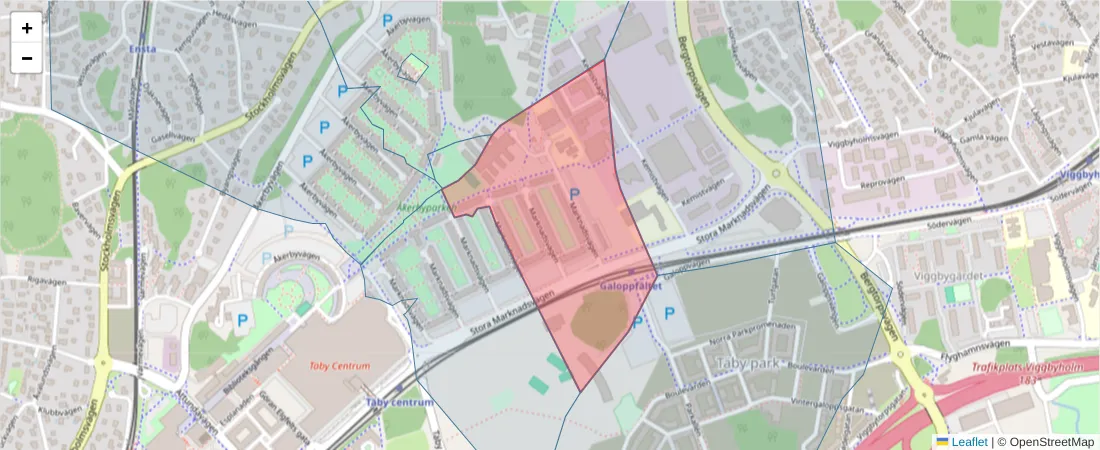 Karta över postnummerområdet  och angränsande postnummer i Sverige