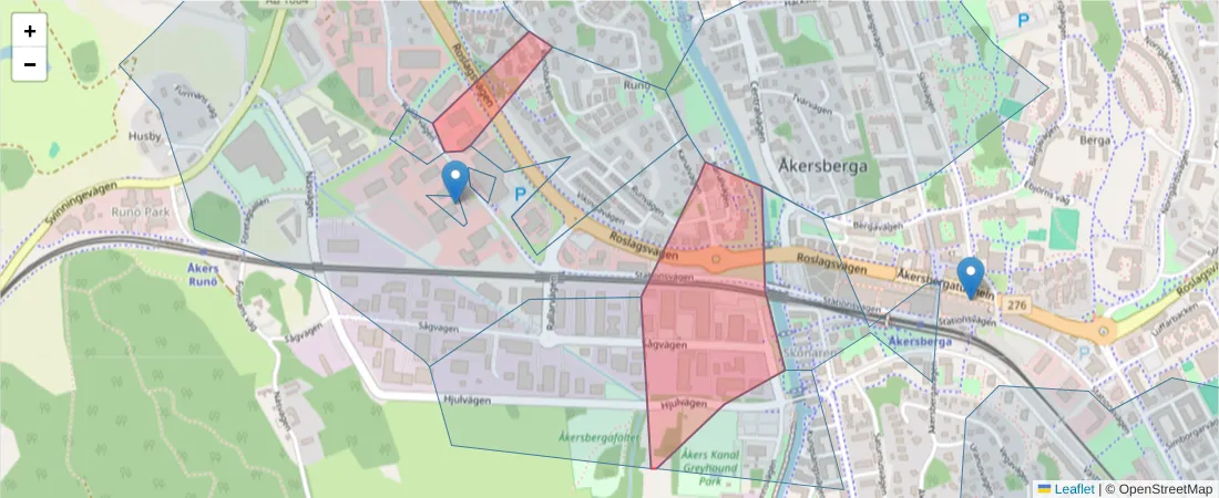 Karta över postnummerområdet  och angränsande postnummer i Sverige