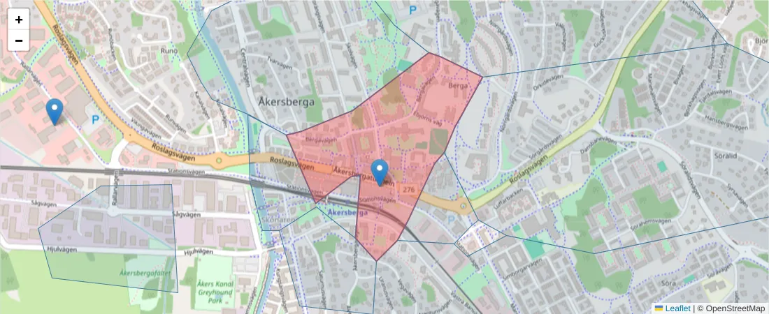 Karta över postnummerområdet  och angränsande postnummer i Sverige
