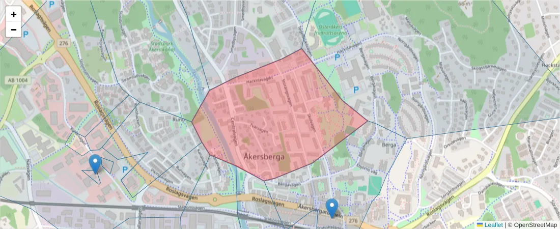 Karta över postnummerområdet  och angränsande postnummer i Sverige