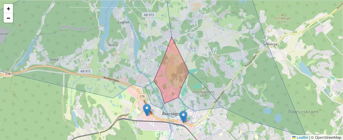 Karta över postnummerområdet  och angränsande postnummer i Sverige