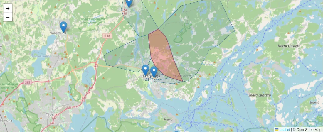 Karta över postnummerområdet  och angränsande postnummer i Sverige