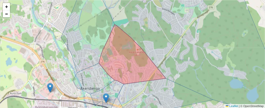 Karta över postnummerområdet  och angränsande postnummer i Sverige
