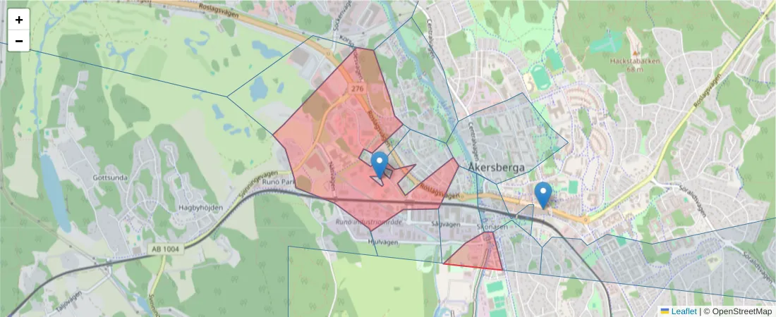 Karta över postnummerområdet  och angränsande postnummer i Sverige