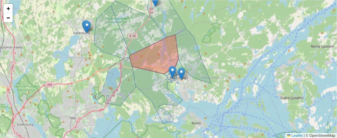 Karta över postnummerområdet  och angränsande postnummer i Sverige