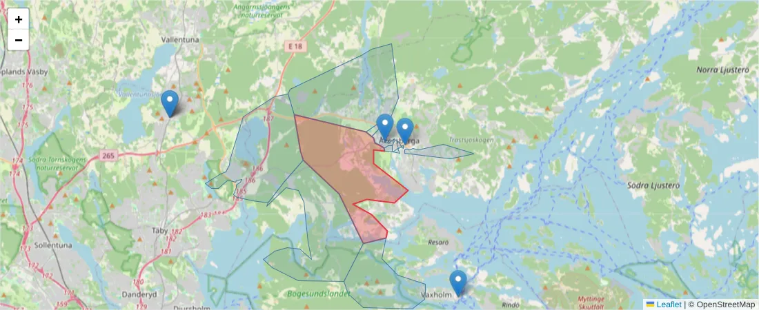 Karta över postnummerområdet  och angränsande postnummer i Sverige