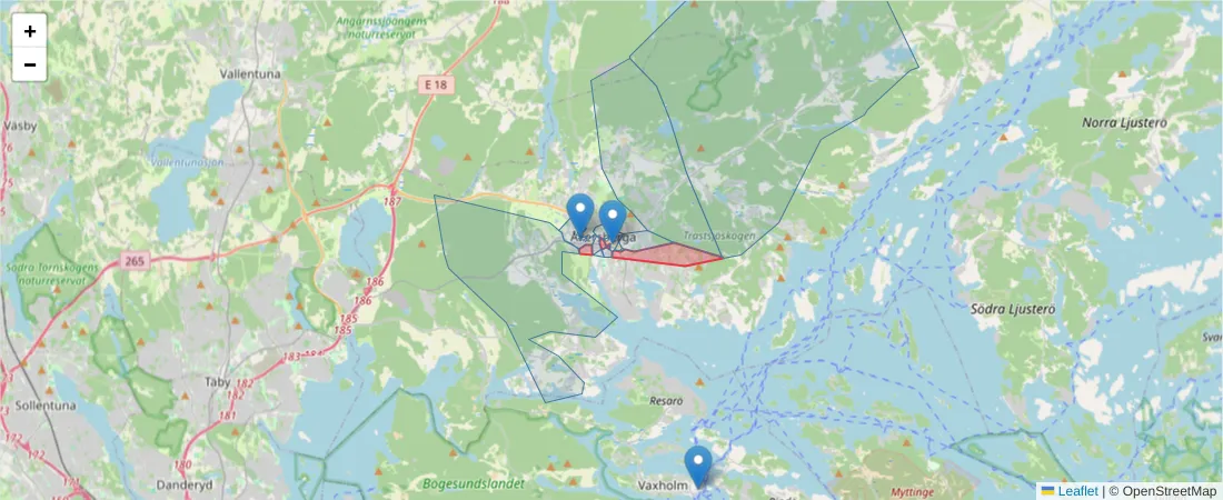 Karta över postnummerområdet  och angränsande postnummer i Sverige