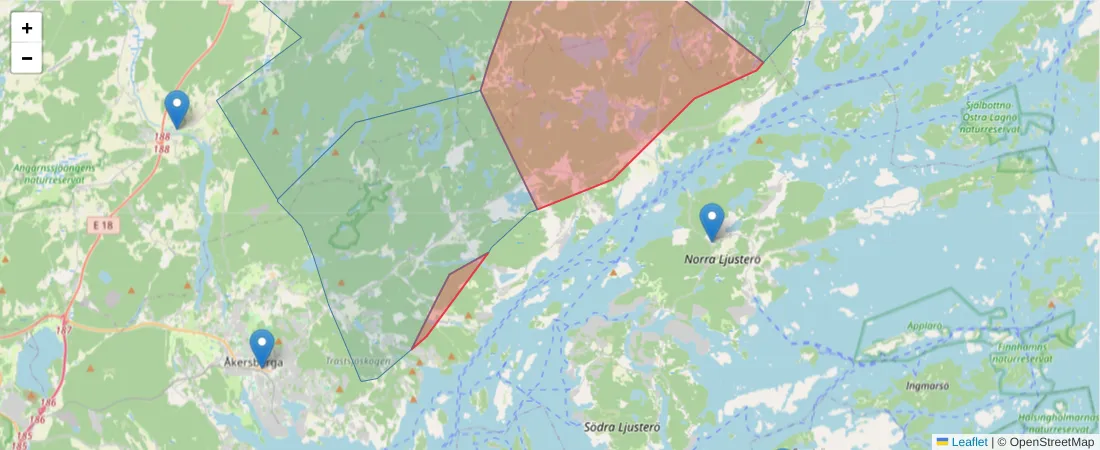 Karta över postnummerområdet  och angränsande postnummer i Sverige