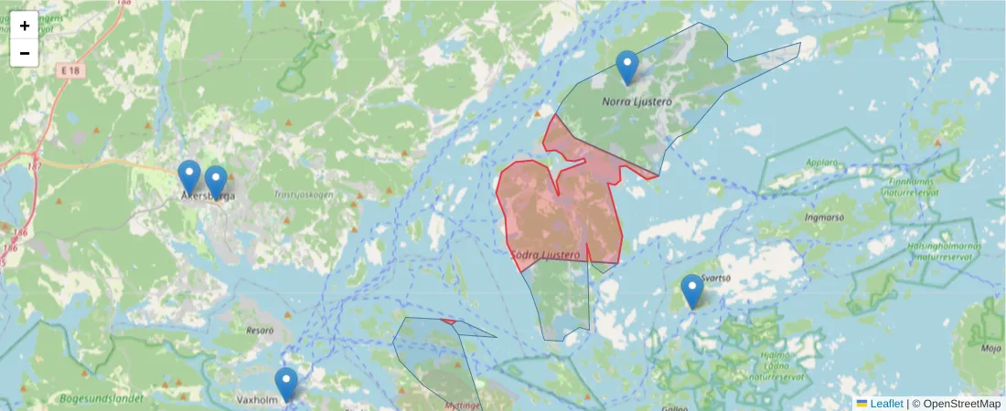 Karta över postnummerområdet  och angränsande postnummer i Sverige