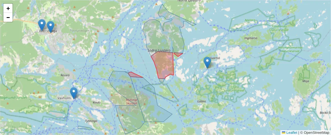 Karta över postnummerområdet  och angränsande postnummer i Sverige