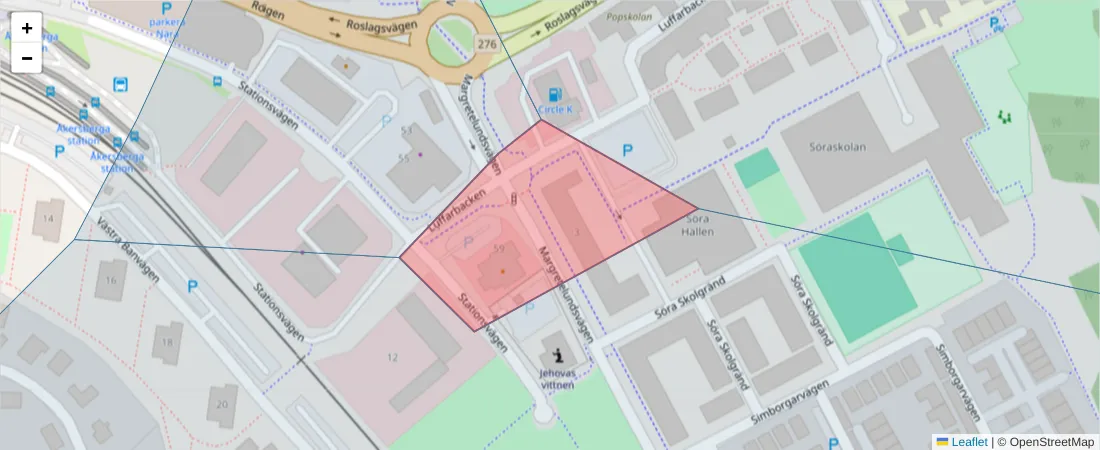 Karta över postnummerområdet  och angränsande postnummer i Sverige