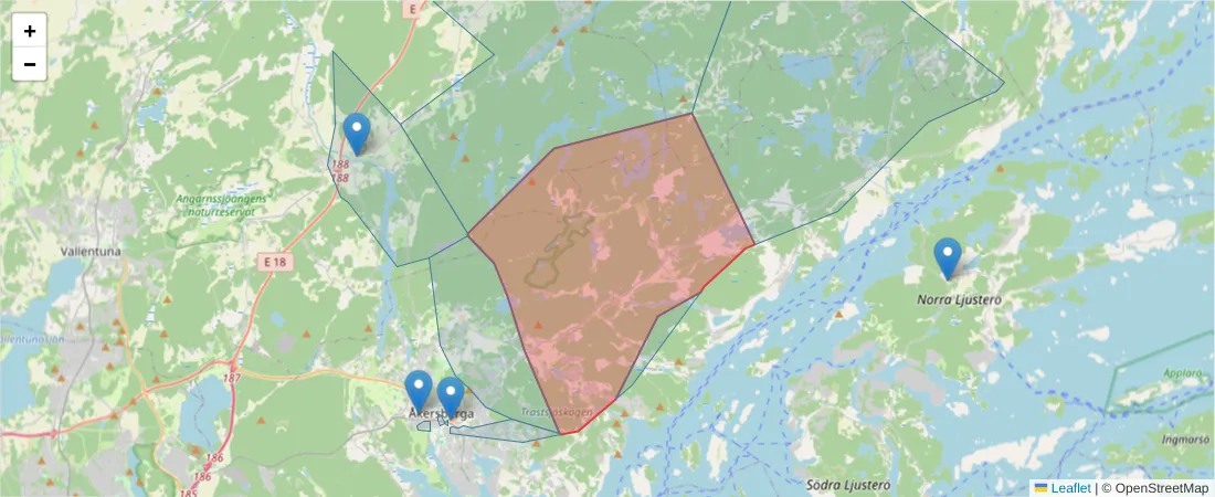Karta över postnummerområdet  och angränsande postnummer i Sverige