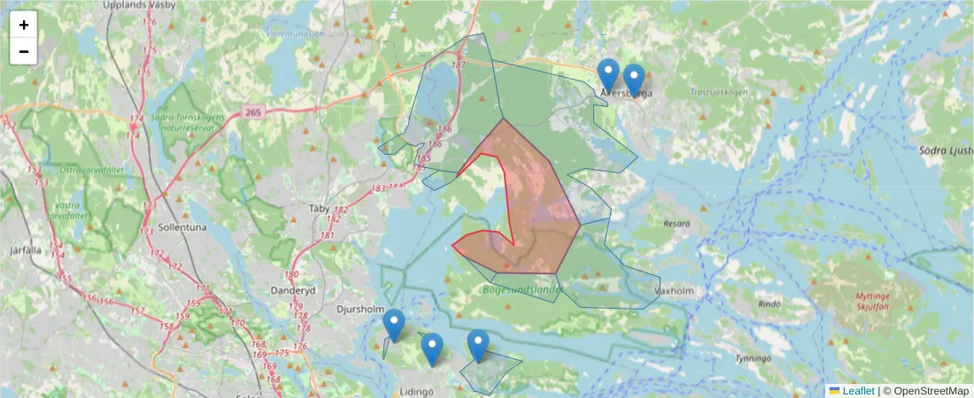 Karta över postnummerområdet  och angränsande postnummer i Sverige
