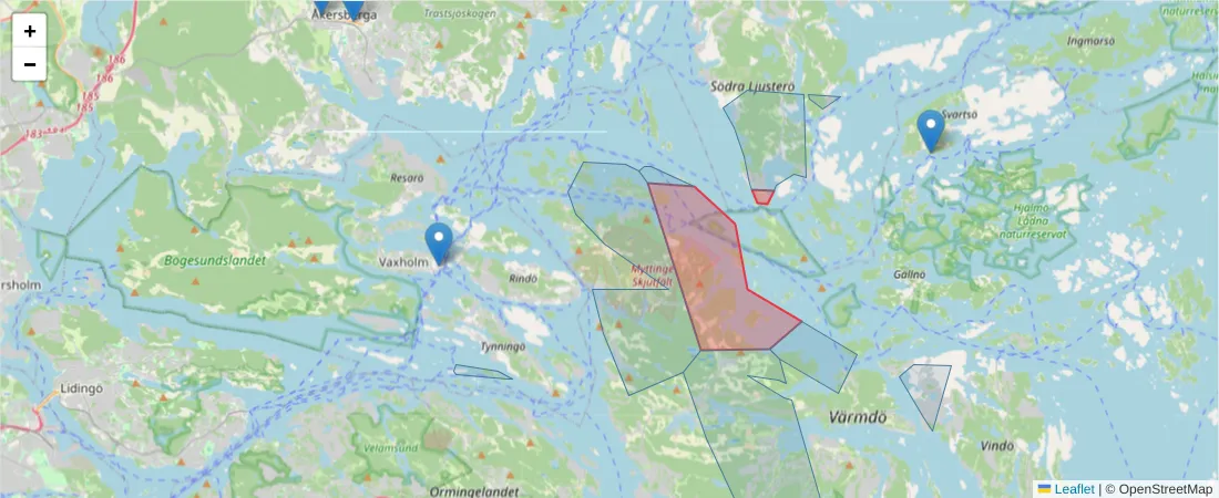 Karta över postnummerområdet  och angränsande postnummer i Sverige