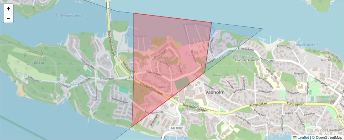 Karta över postnummerområdet  och angränsande postnummer i Sverige