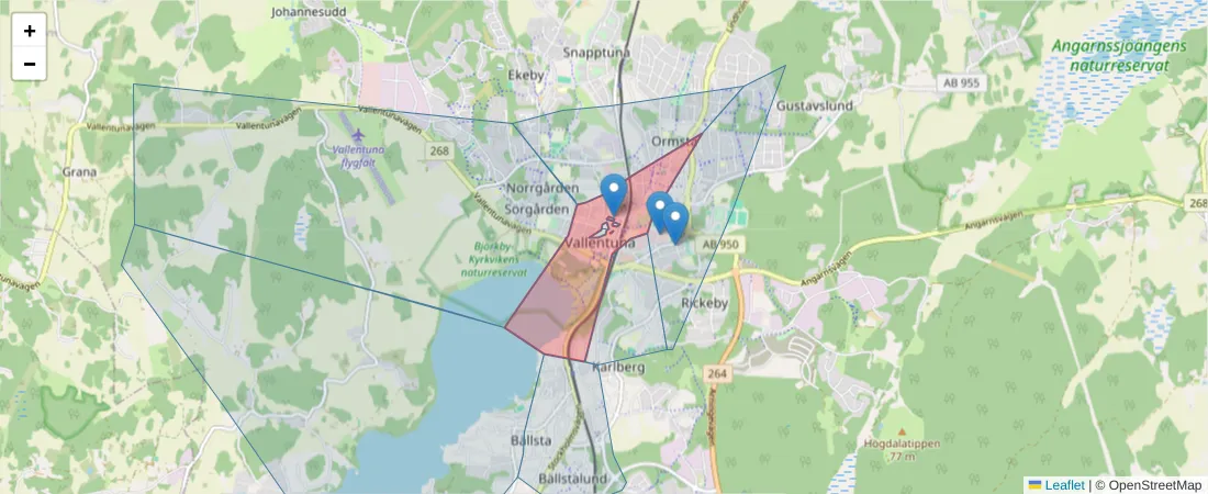 Karta över postnummerområdet  och angränsande postnummer i Sverige