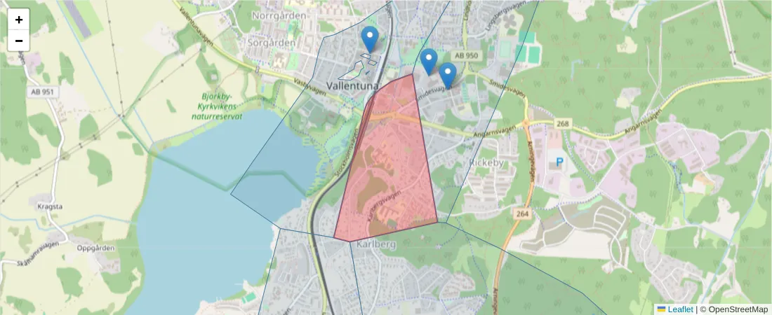 Karta över postnummerområdet  och angränsande postnummer i Sverige