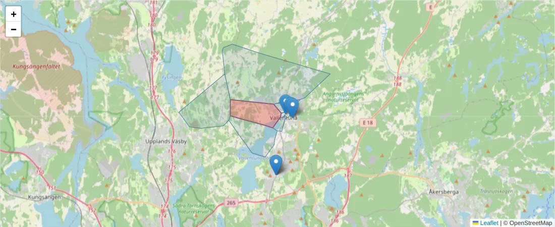 Karta över postnummerområdet  och angränsande postnummer i Sverige