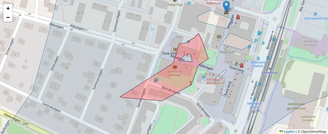 Karta över postnummerområdet  och angränsande postnummer i Sverige
