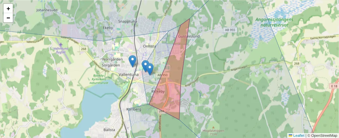 Karta över postnummerområdet  och angränsande postnummer i Sverige
