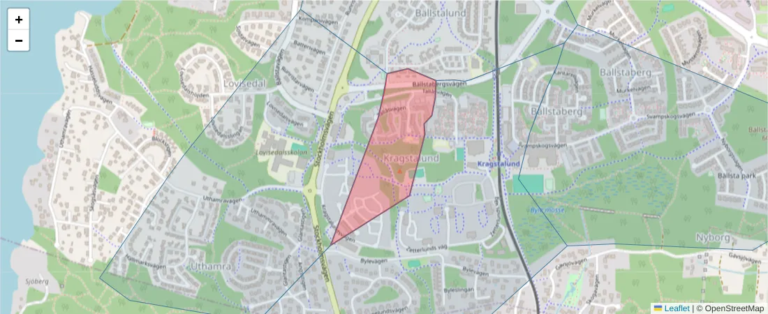 Karta över postnummerområdet  och angränsande postnummer i Sverige