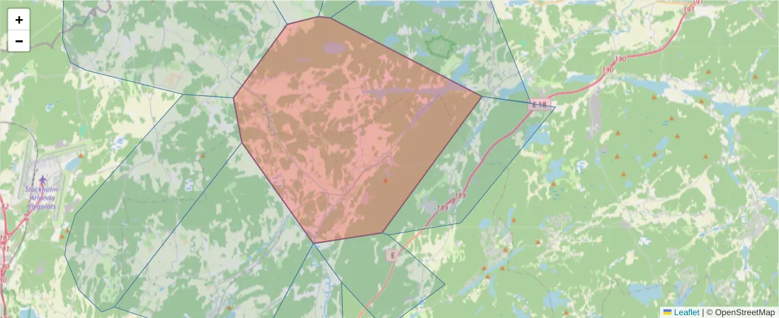 Karta över postnummerområdet  och angränsande postnummer i Sverige