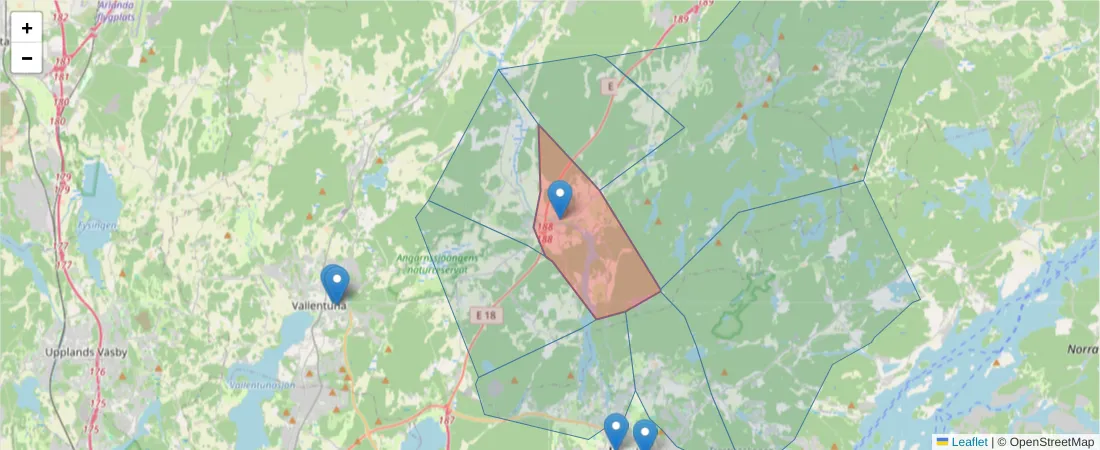 Karta över postnummerområdet  och angränsande postnummer i Sverige