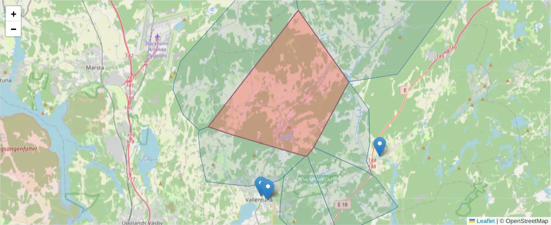 Karta över postnummerområdet  och angränsande postnummer i Sverige