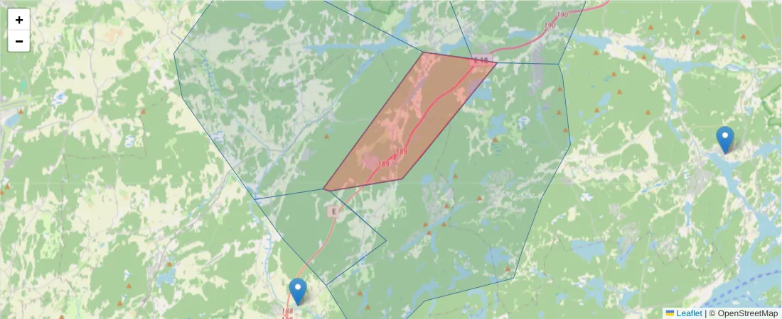 Karta över postnummerområdet  och angränsande postnummer i Sverige