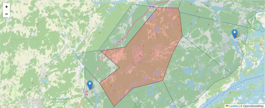 Karta över postnummerområdet  och angränsande postnummer i Sverige