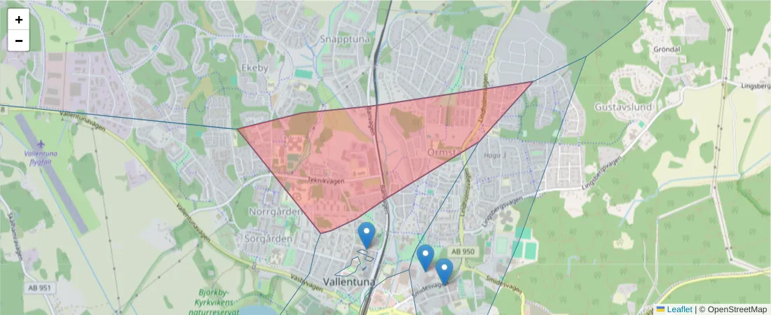 Karta över postnummerområdet  och angränsande postnummer i Sverige
