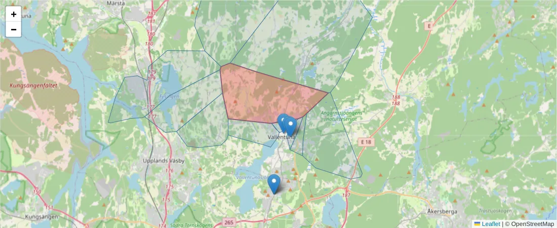 Karta över postnummerområdet  och angränsande postnummer i Sverige