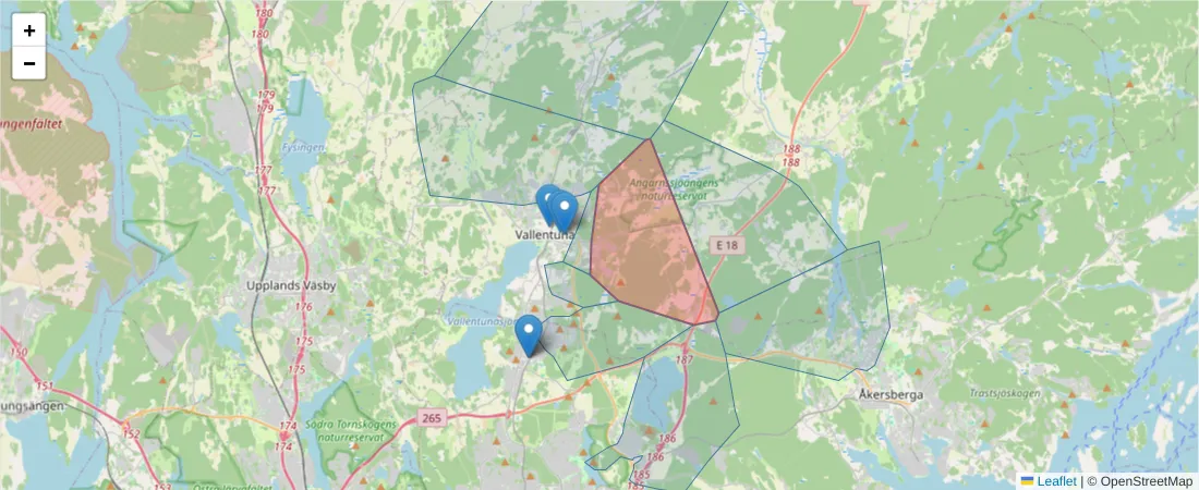 Karta över postnummerområdet  och angränsande postnummer i Sverige