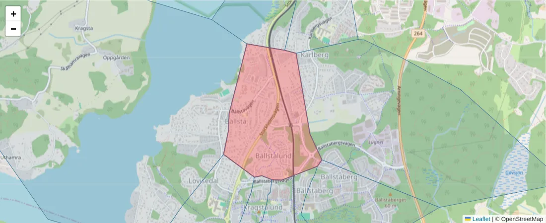 Karta över postnummerområdet  och angränsande postnummer i Sverige
