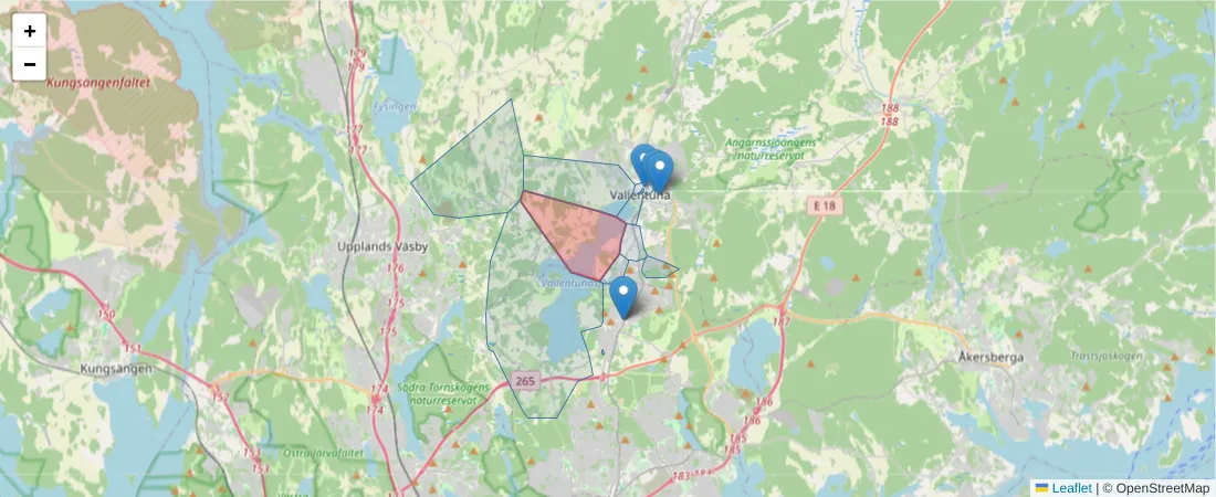 Karta över postnummerområdet  och angränsande postnummer i Sverige