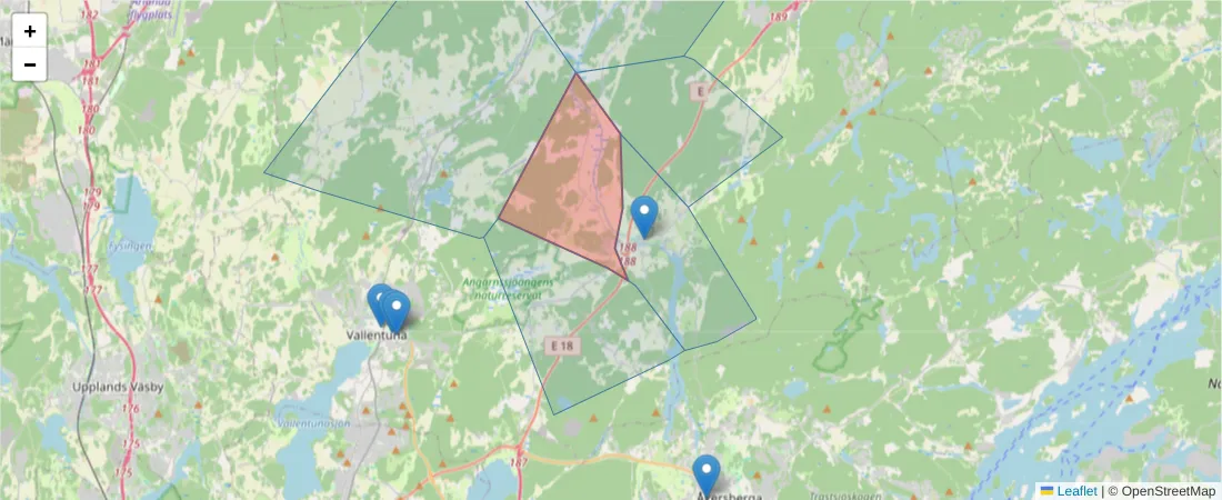 Karta över postnummerområdet  och angränsande postnummer i Sverige