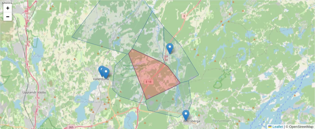 Karta över postnummerområdet  och angränsande postnummer i Sverige