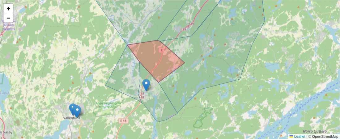 Karta över postnummerområdet  och angränsande postnummer i Sverige